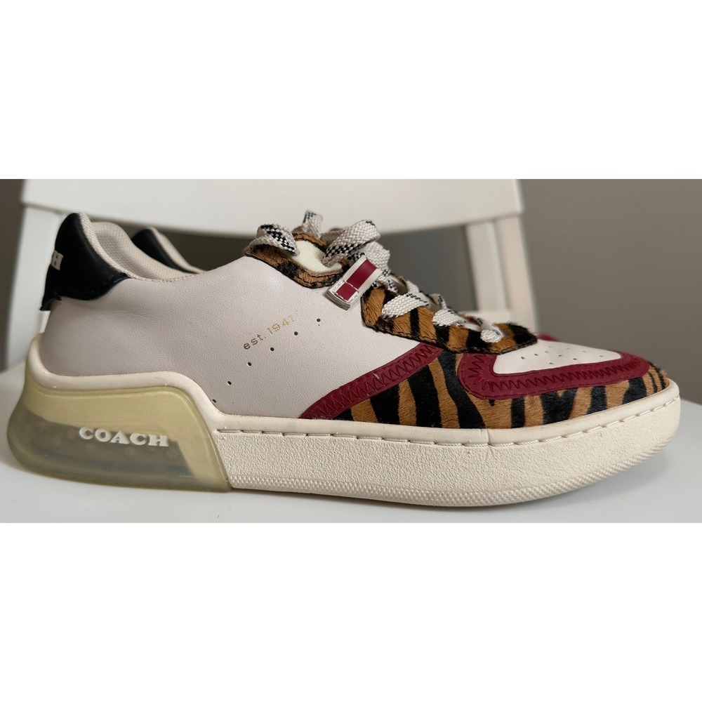 Coach CitySole Court Sneakers White Leather Tiger Print Calf Hair Red size 7 - Picture 10 of 14
